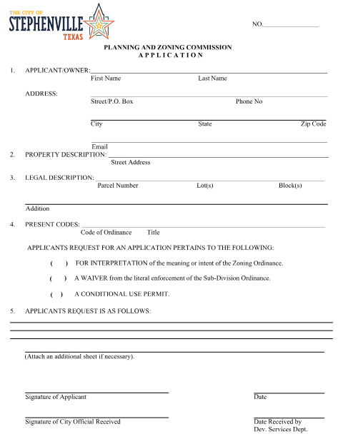 First page of the Planning and Zoning Commission Application