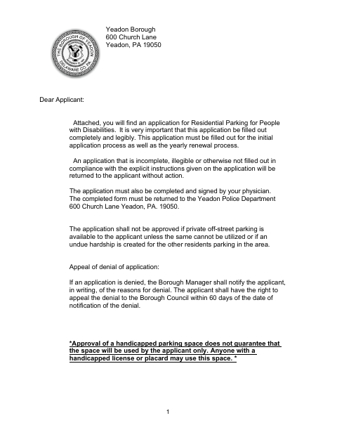First page of the Residential Parking for People With Disabilities Application