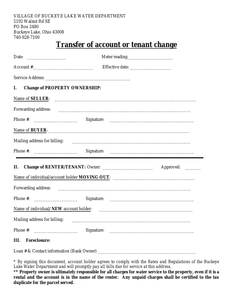 First page of the Transfer of Account or Tenant Change