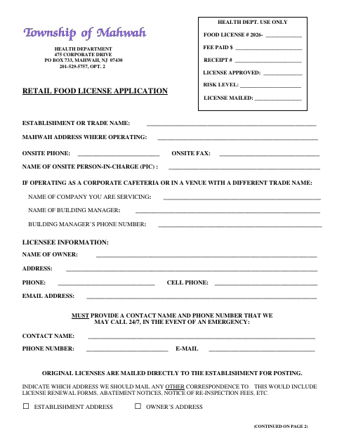 First page of the Retail Food License Application