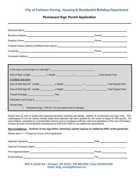 First page of the Permanent Sign Permit Application