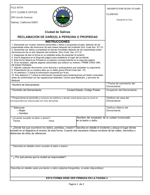 First page of the Claim for Damage to Person or Property