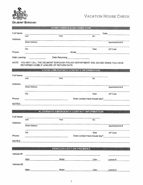 First page of the Vacation House Check Form
