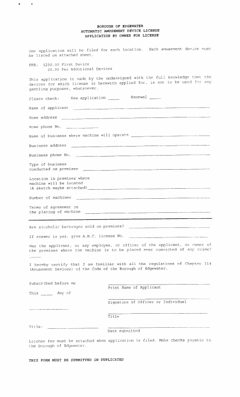 First page of the Automatic Amusement Device License Application