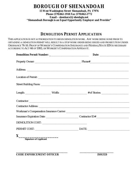 First page of the Demolition Permit Application
