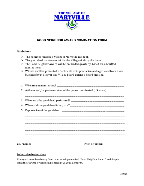 First page of the Good Neighbor Award Nomination Form