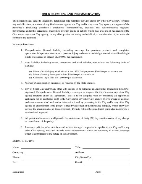 First page of the Hold Harmless and Indemnification