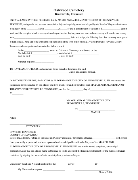 First page of the Cemetery Lot Conveyance