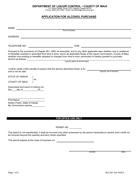 First page of the Application for Alcohol Purchase