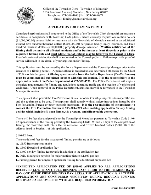 First page of the Application for Filming Permit