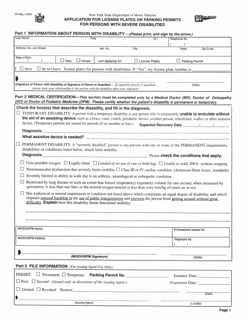 First page of the Application for Disability License Plate or Parking Permit