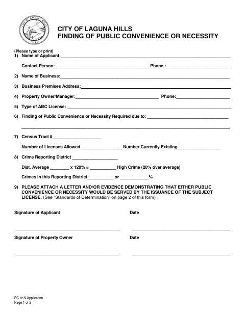 First page of the Finding of Public Convenience or Necessity