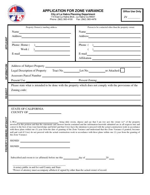 First page of the Application for Zone Variance