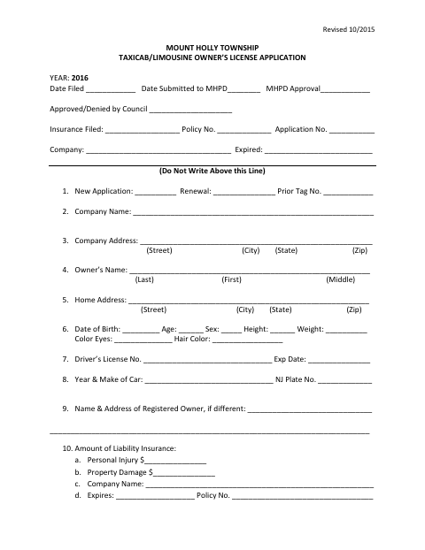 First page of the Taxicab/Limousine Owner’s License Application