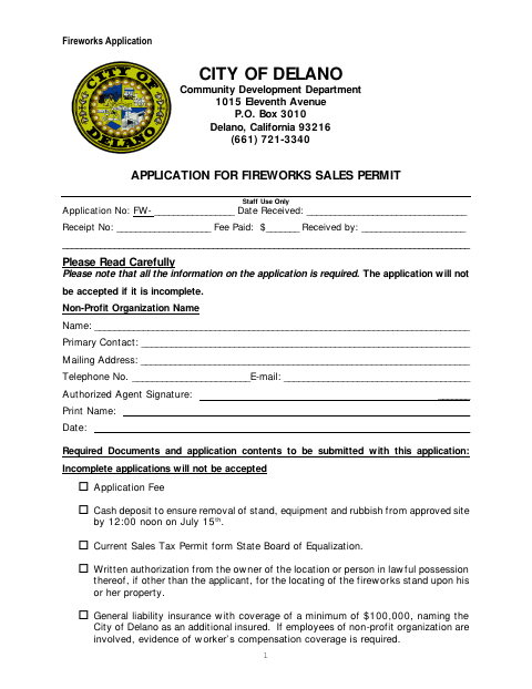 First page of the Application for Fireworks Sales Permit