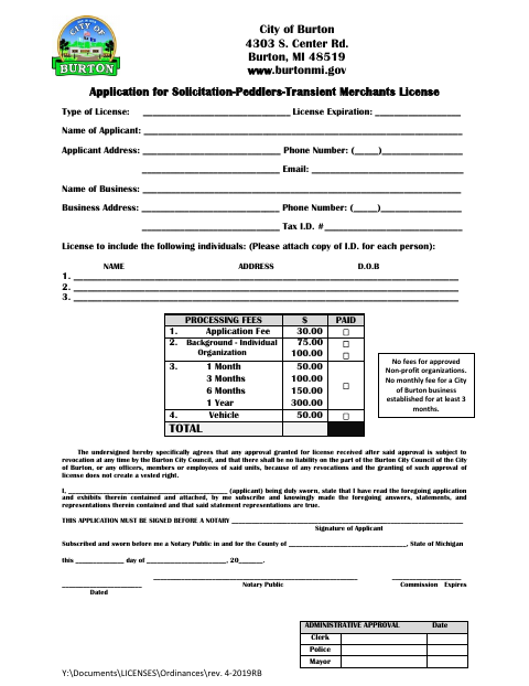 First page of the Solicitation, Peddlers, and Transient Merchants License Application