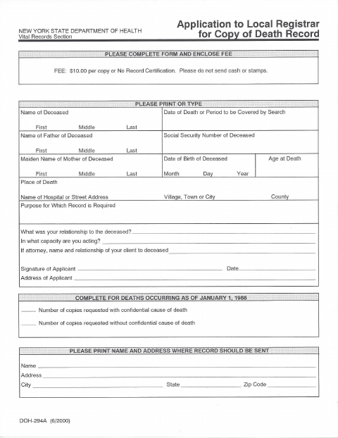 First page of the Application for Copy of Death Record