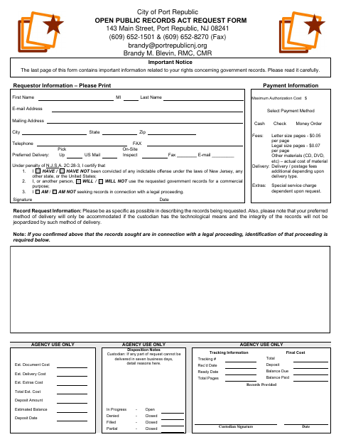 First page of the Open Public Records Act Request Form