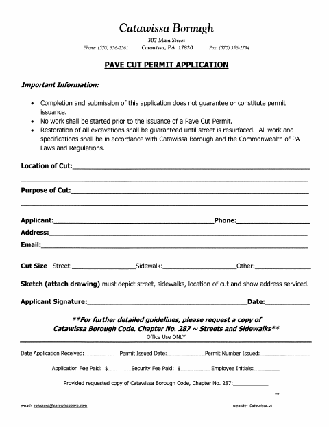 First page of the Pave Cut Permit Application