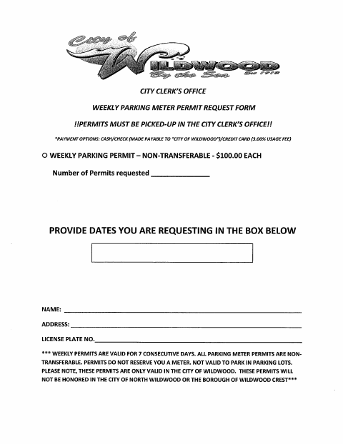 First page of the Weekly Parking Meter Permit Request Form
