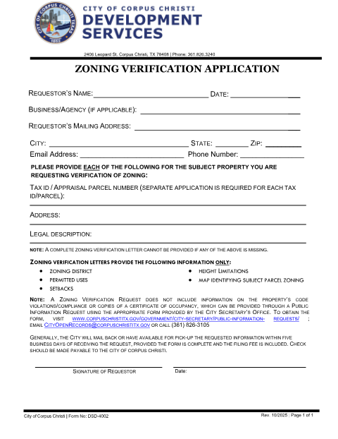 First page of the Zoning Verification Application