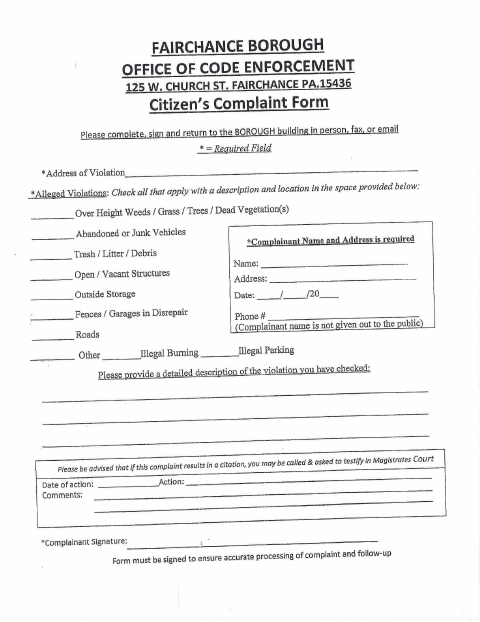 First page of the Code Enforcement Complaint Form
