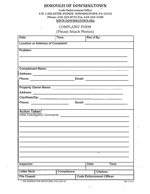 First page of the Code Enforcement Complaint Form