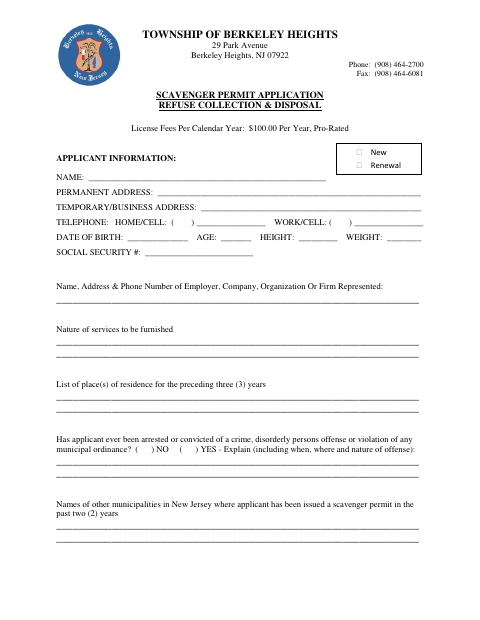 First page of the Scavenger Permit Application
