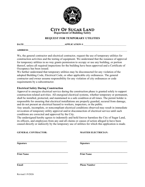 First page of the Request for Temporary Utilities