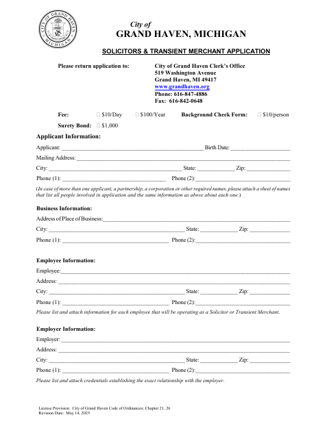 First page of the Solicitors & Transient Merchant Application