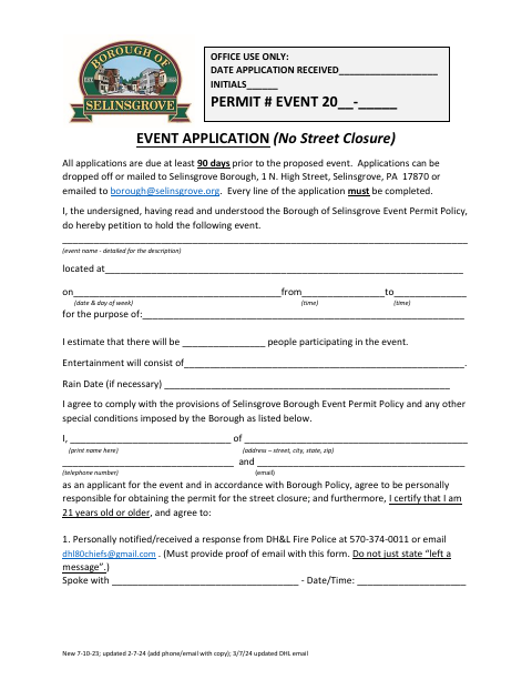 First page of the Event Application (No Street Closure)