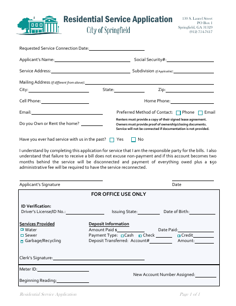 First page of the Residential Service Application