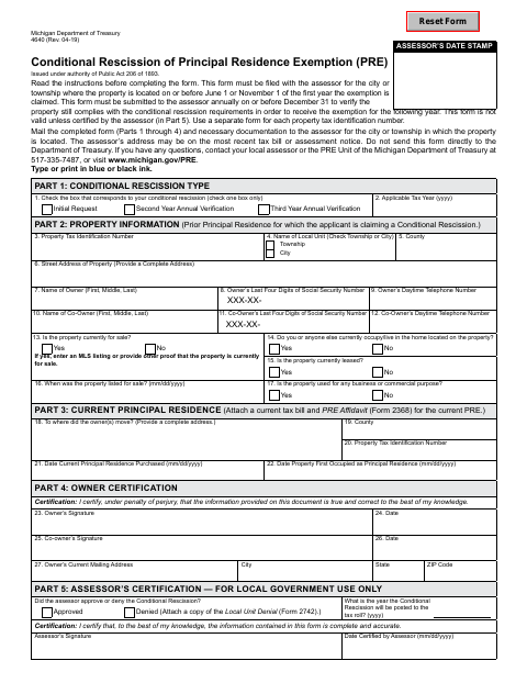 First page of the Conditional Rescission of Principal Residence Exemption (PRE)