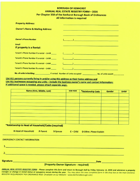 First page of the Annual Real Estate Registry Form