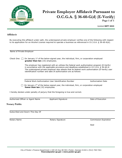 First page of the E-Verify Affidavit - Alcohol License
