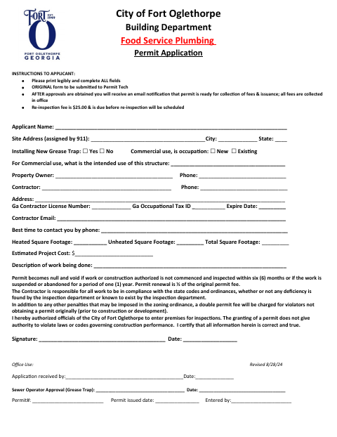 First page of the Food Service Plumbing Permit Application