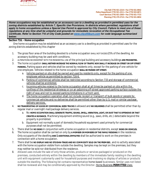 First page of the Home Occupation Form
