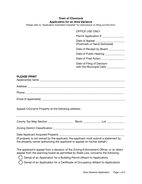 First page of the Area Variance Application