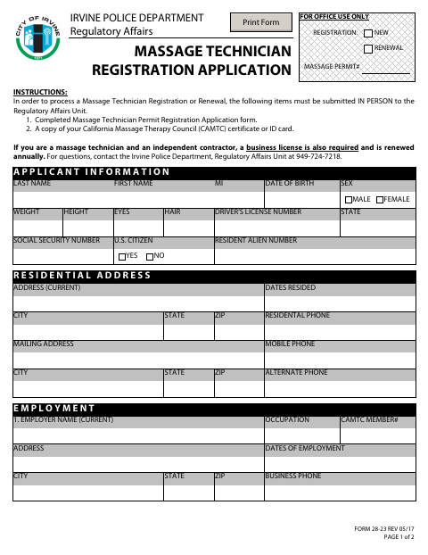 First page of the Massage Technician Registration Application