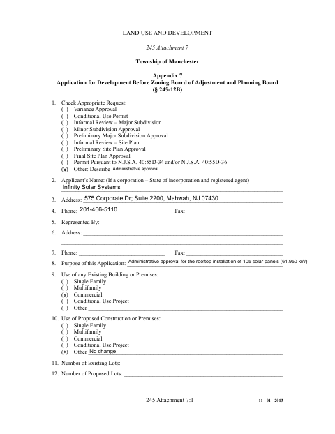 First page of the Application for Development Before Zoning Board and Planning Board