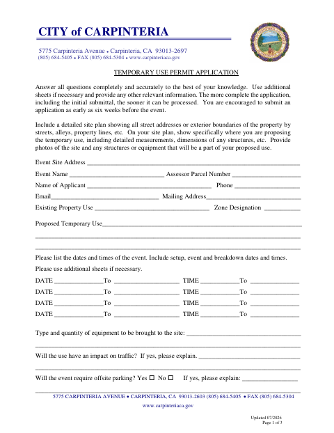 First page of the Temporary Use Permit Application