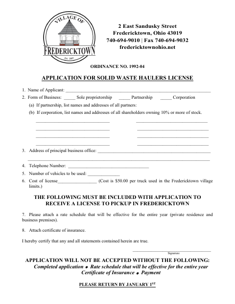 First page of the Application for Solid Waste Haulers License