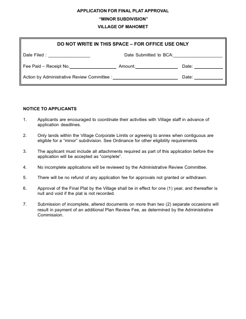 First page of the Application for Final Plat Approval (Minor Subdivision)