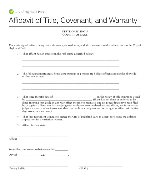 First page of the Affidavit of Title, Covenant, and Warranty