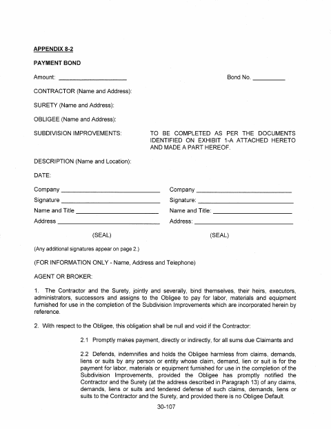 First page of the Payment Bond (Appendix 8-2)