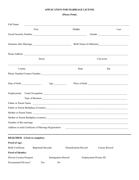 First page of the Application for Marriage License