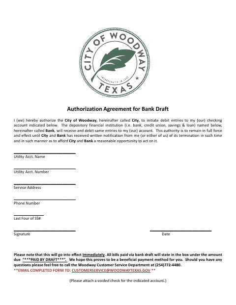 First page of the Authorization Agreement for Bank Draft