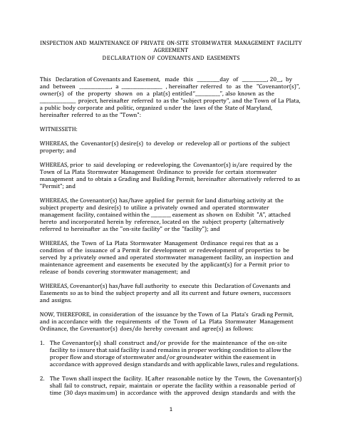 First page of the Private On-Site Stormwater Facility Inspection and Maintenance Agreement