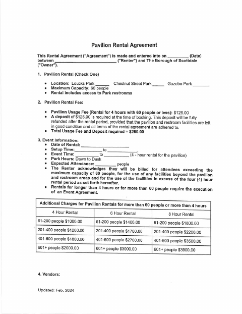 First page of the Pavilion Rental Agreement
