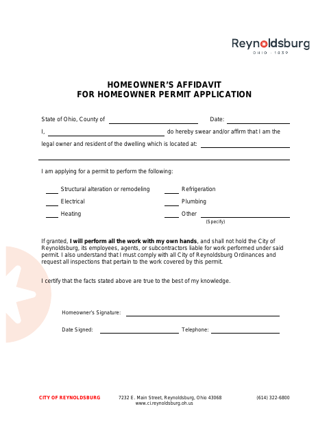 First page of the Homeowner's Affidavit for Homeowner Permit Application